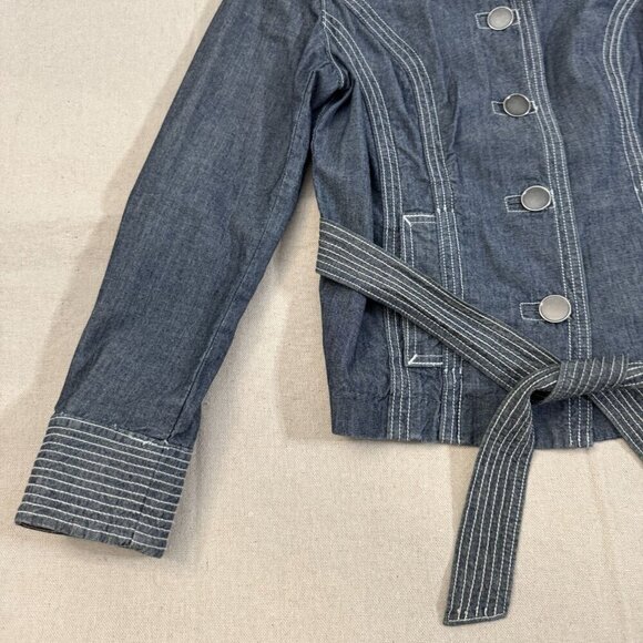 Chicos Blue Jean Chambray Denim Jacket Belted Waist & Button Closure 0 - Picture 5 of 11